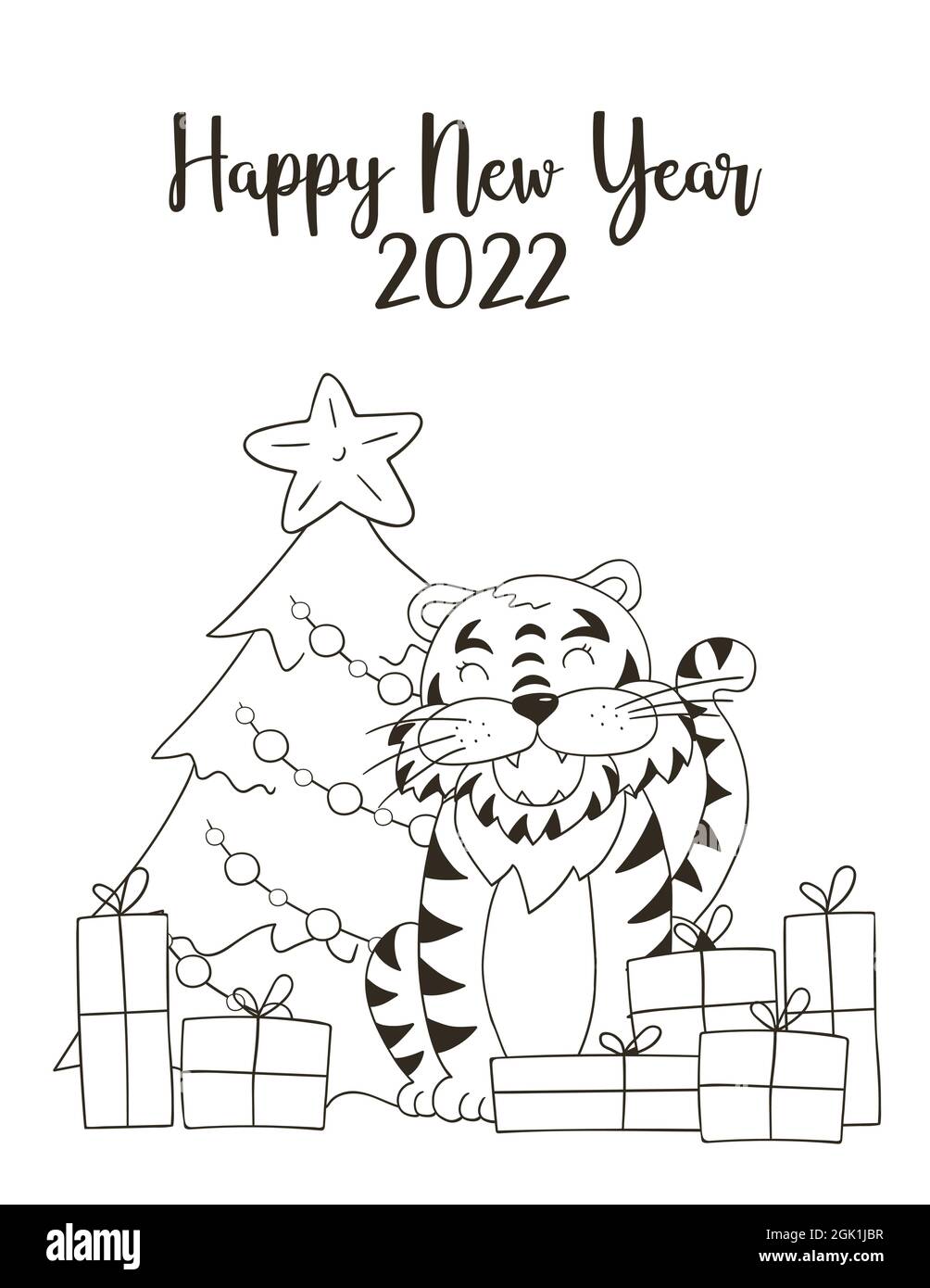 Black And White Christmas New Year Signs 2022 Symbol Of 2022. Christmas Tree, Gifts, Tiger. New Year 2022. Monochrome New  Year Card In Hand Draw Style Stock Vector Image & Art - Alamy