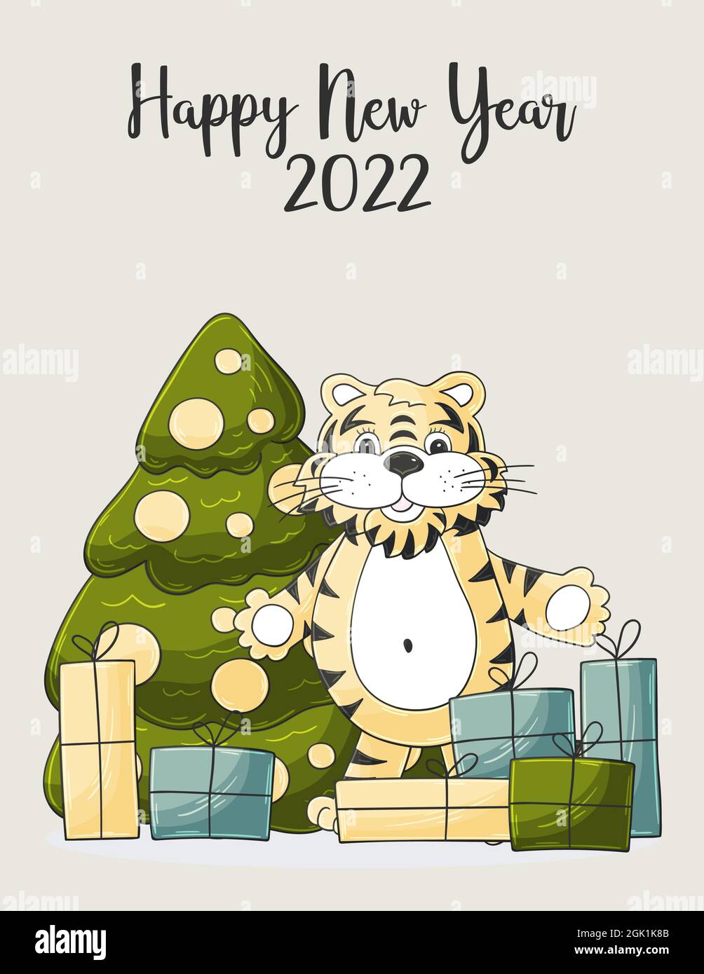 Symbol Of 2022. Christmas Tree, Gifts, Tiger. New Year 2022. New Year Card In Hand Draw Style. Cartoon Pastel Illustration For Postcards, Calendars, P Stock Vector Image & Art - Alamy