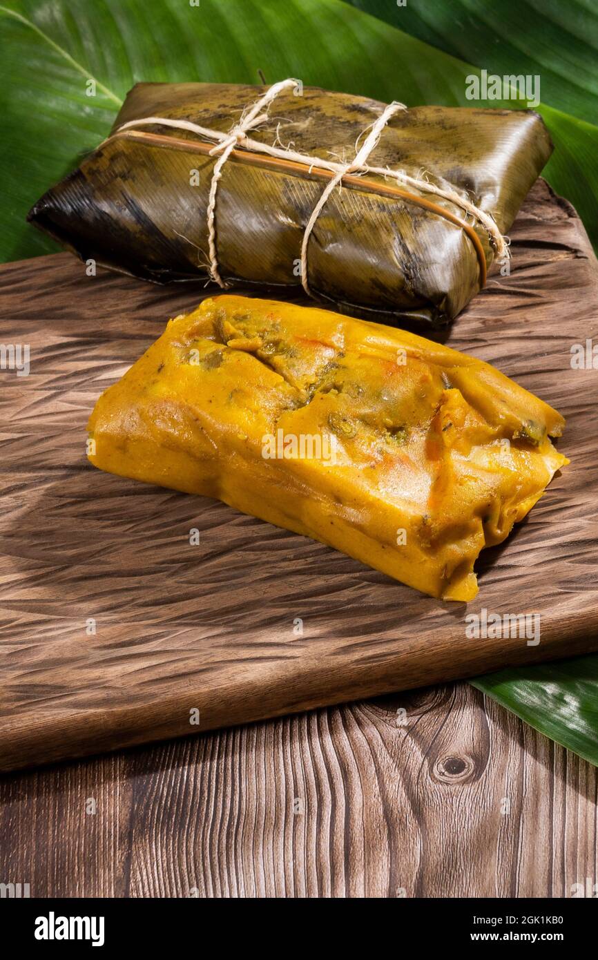 Tamale Typical Colombian Food Wrapped In Banana Leaves Stock Photo