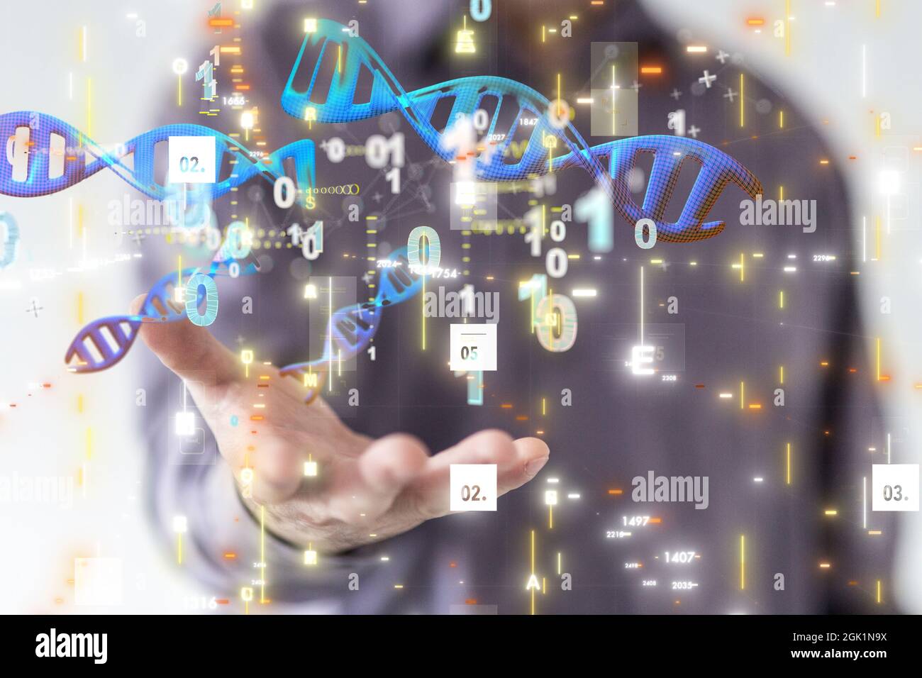 Person presenting the virtual projection of DNA sequences and binary ...