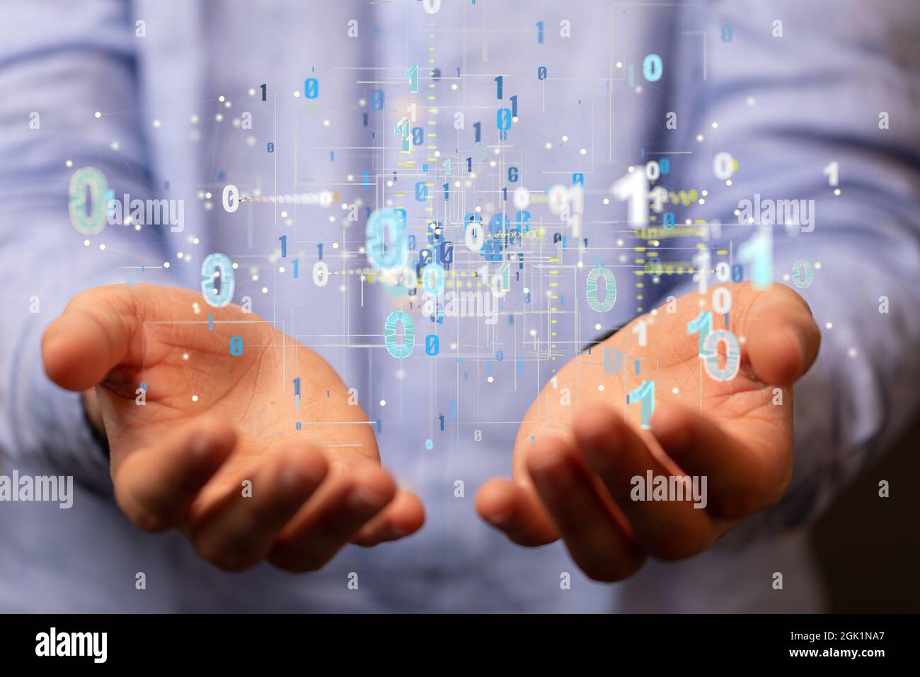 Person presenting the virtual projection of cyberspace through binary codes Stock Photo
