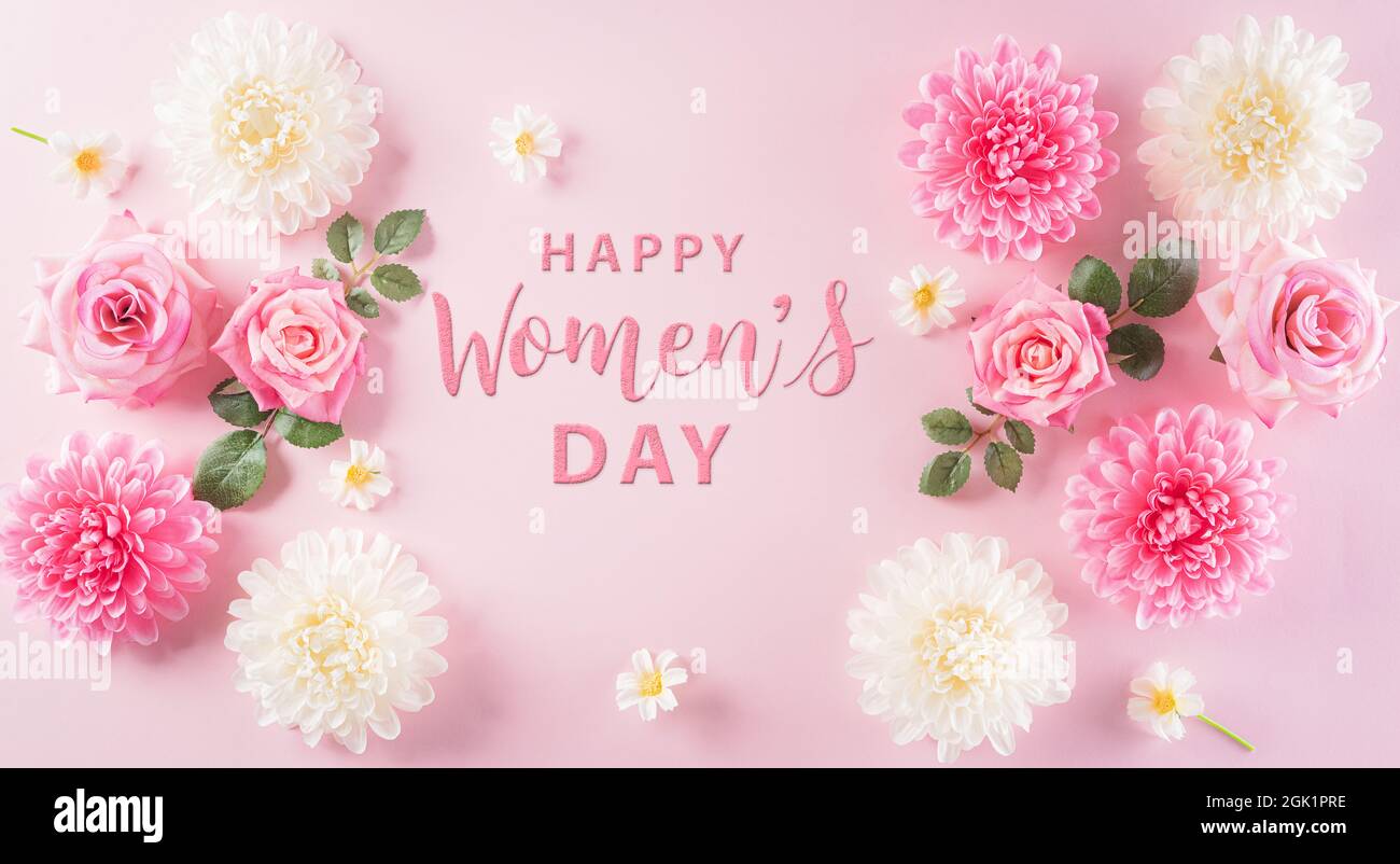 Happy women's day concept, pink roses and beautiful flower frame ...