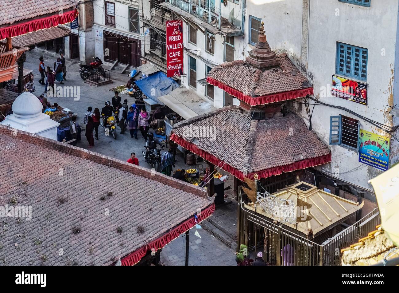 Durga temple, two-storey hindu shrine attached to a building in Maru Square, next to Kathmandu Darbar square, before the 2015 Gorkha earthquake Stock Photo