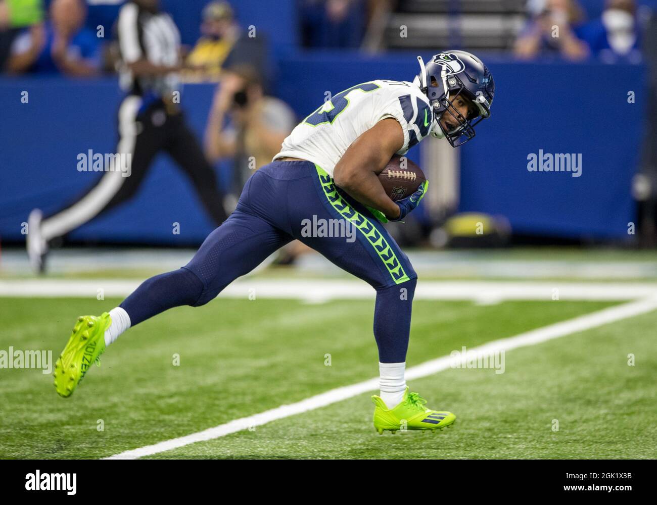 September 12, 2021: Seattle Seahawks wide receiver Tyler Lockett (16) runs with the ball for a touchdown during NFL football game action between the Seattle Seahawks and the Indianapolis Colts at Lucas Oil Stadium in Indianapolis, Indiana. Seattle defeated Indianapolis 28-16. John Mersits/CSM/Sipa USA.(Credit Image: &copy; John Mersits/CSM/Sipa USA) Stock Photo