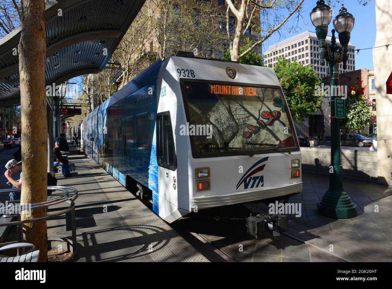 Santa Clara Valley Transportation Authority VTA Light Rail at Santa Clara Station on S 1st Street at E Santa Clara Street in downtown San Jose, Califo Stock Photo