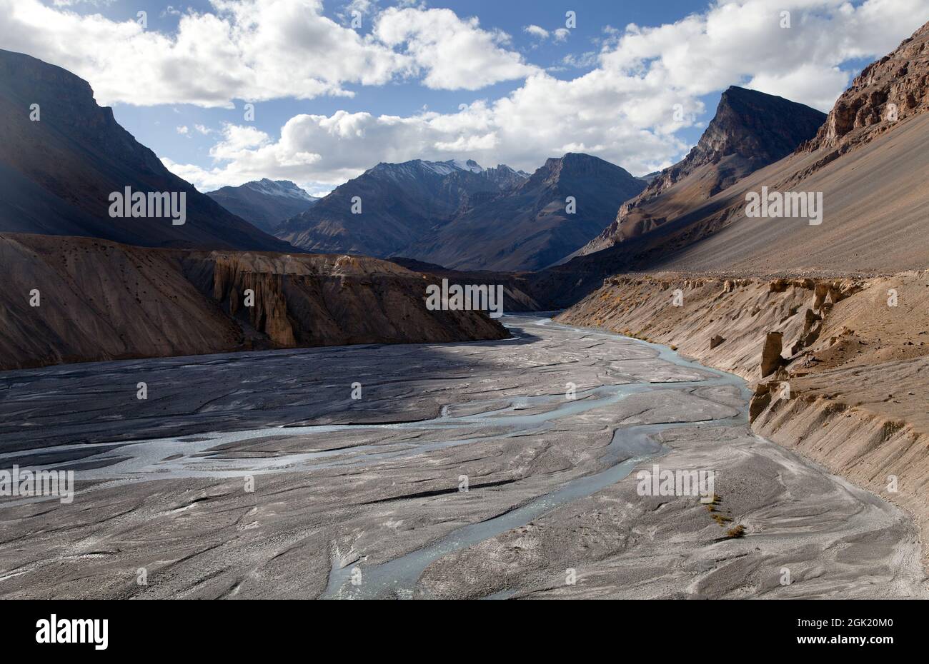 view from Indian himalayas - mountain and river valley - way to Parang La and Takling la passes, passes from Ladakh to Himachal Pradesh - India Stock Photo