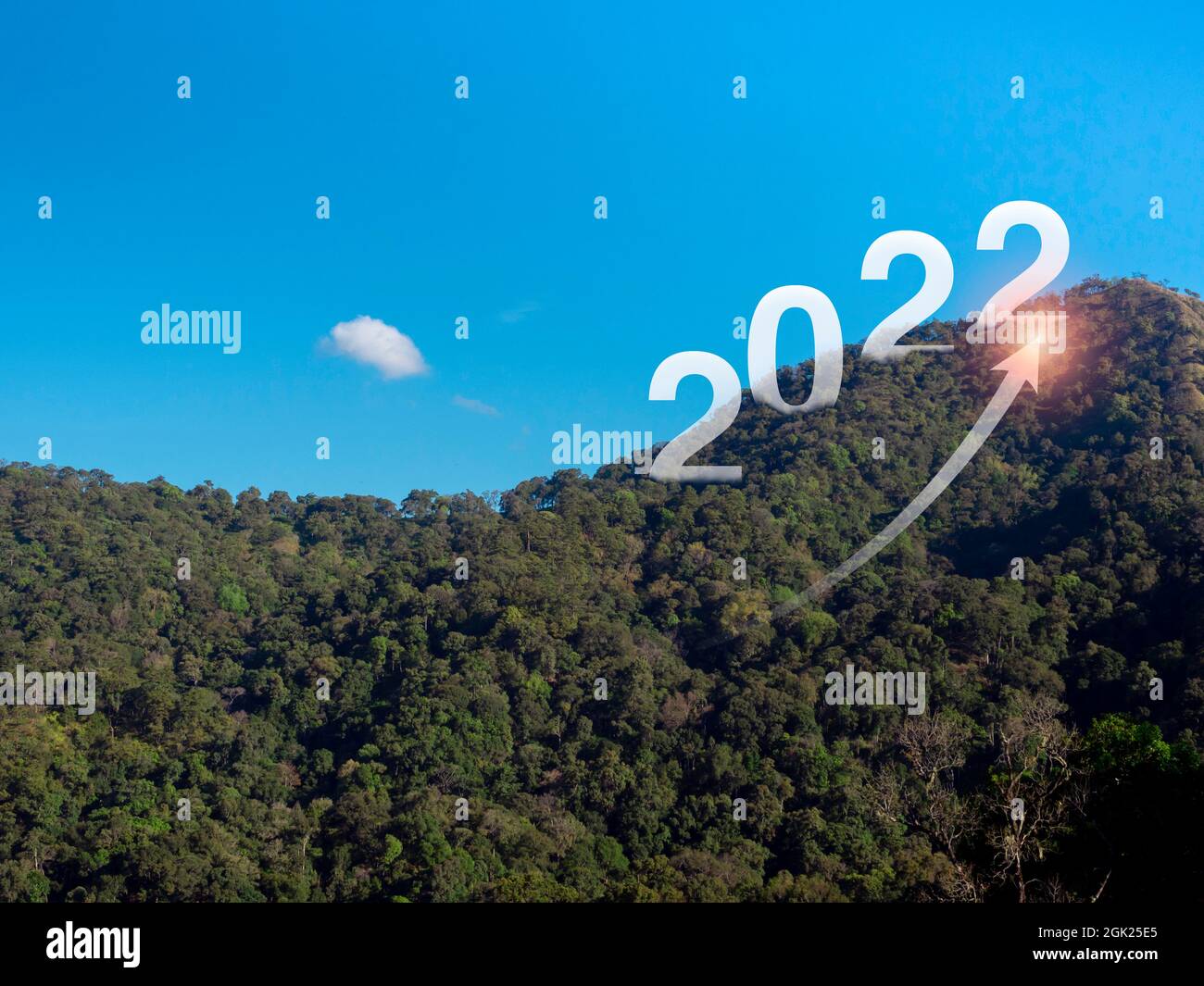Christmas In The Mountains 2022 Happy New Year 2022 With Large Letters On The Lush Green Mountains And  Rising Arrow With Shining, Business Goal Concept. Welcome, Merry Christmas,  And Stock Photo - Alamy