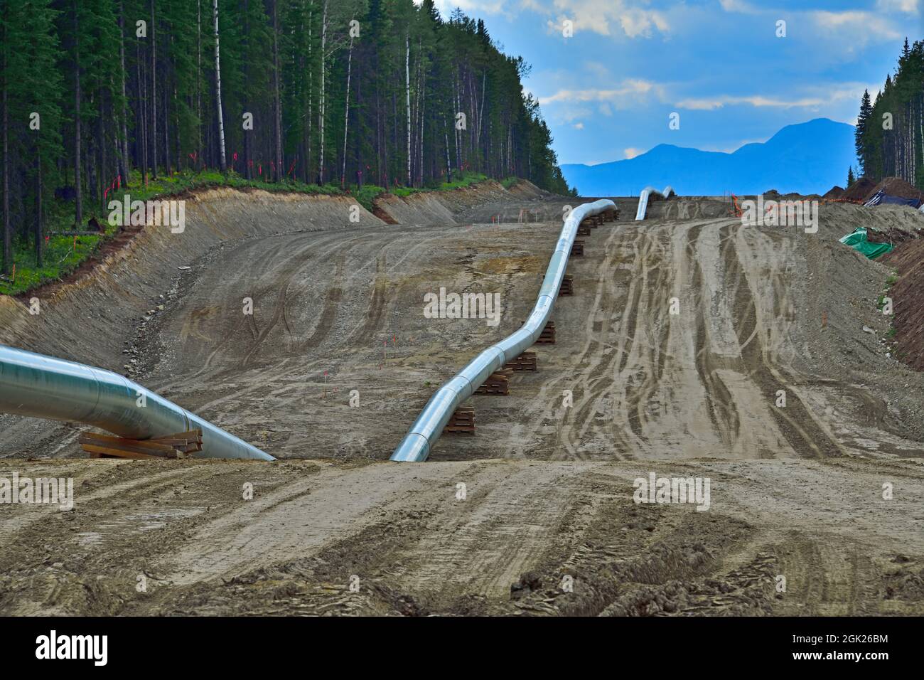 Construction of the Trans Mountain oil pipeline through the rocky mountains near Hinton Alberta Canada Stock Photo