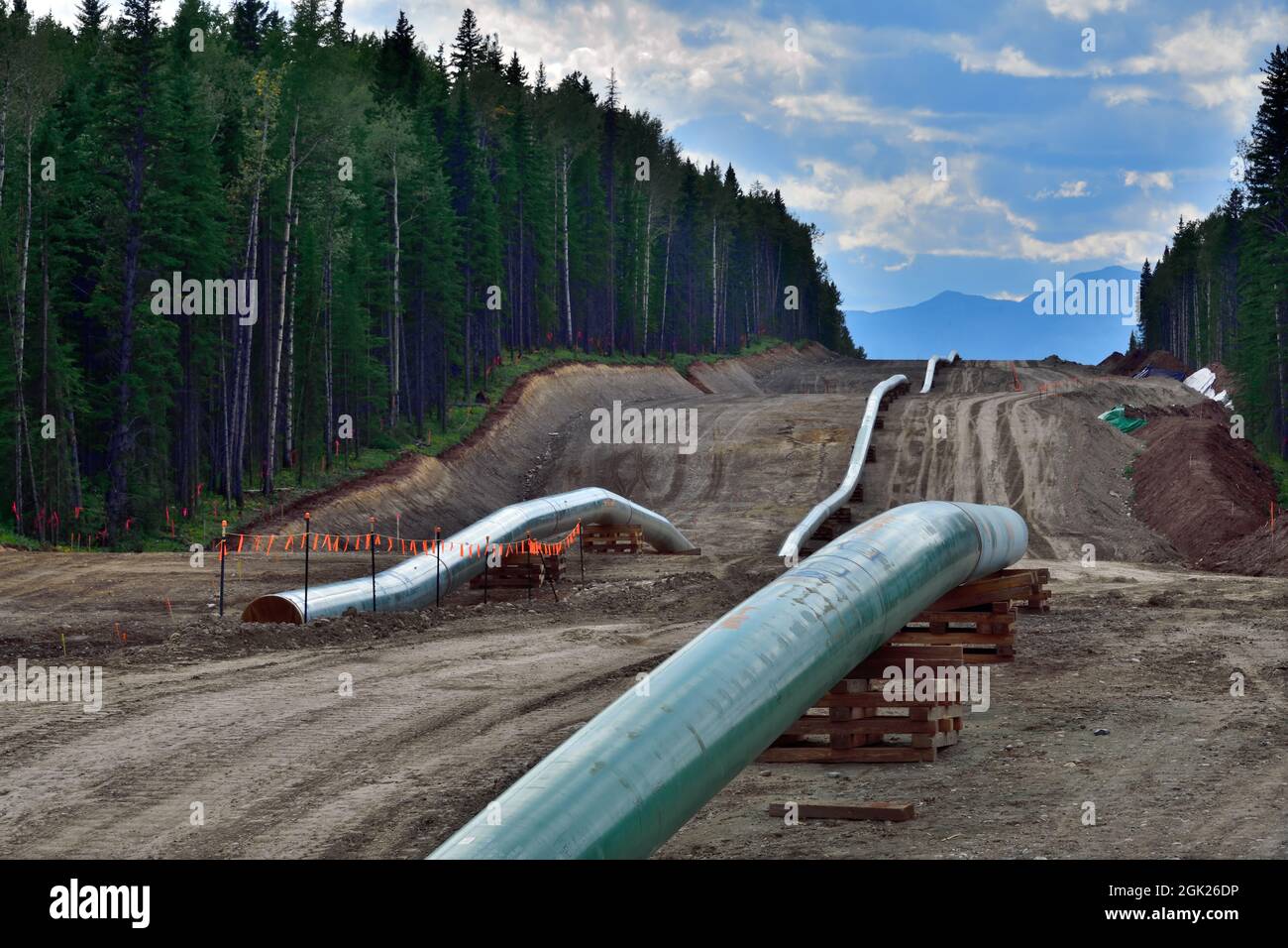 Construction of the Trans Mountain oil pipeline through thr rocky mountains near Hinton Alberta