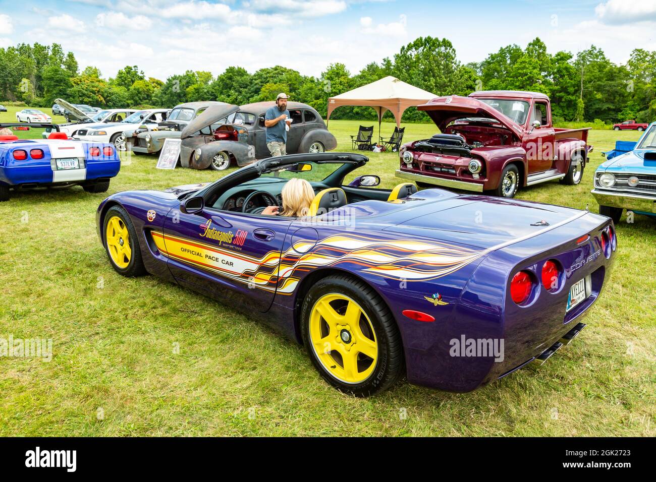 A purple 1998 Chevrolet C5 Corvette Indy 500 official pace car at a car show in Fort Wayne, Indiana, USA. Stock Photo
