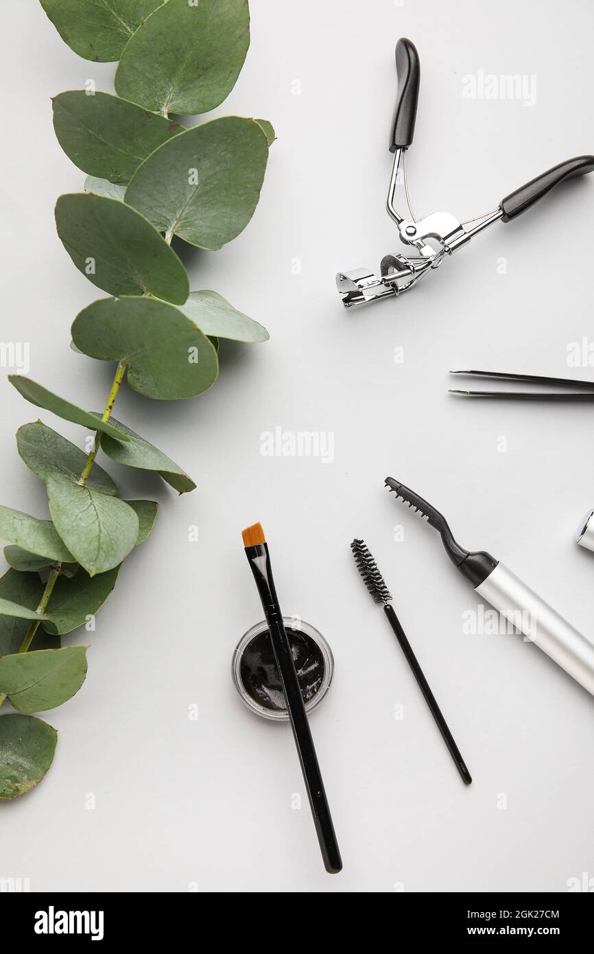 Henna, tools for eyebrows and eyelashes correction on light background Stock Photo