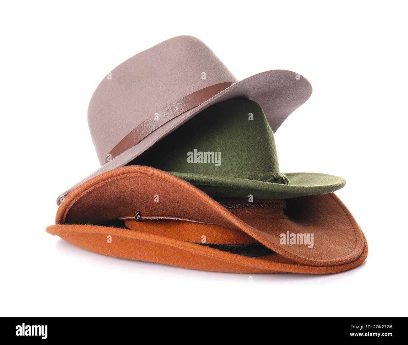 Stack of stylish hats on white background Stock Photo - Alamy