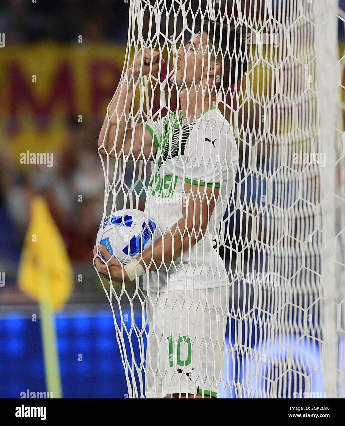 Rome, Italy. 12th Sep, 2021. Sassuolo's Filip Djuricic celebrates during a Serie A football match between Roma and Sassuolo in Rome, Italy, on Sept. 12, 2021. Credit: Str/Xinhua/Alamy Live News Stock Photo