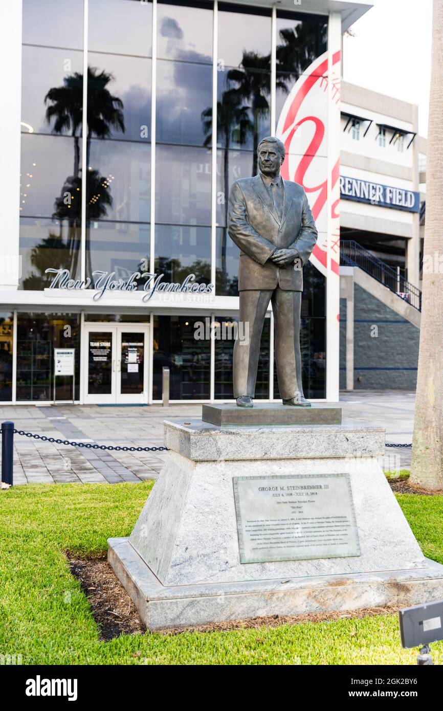 Tampa, FL - September 10, 2021: George M. Steinbrenner statue in front of stadium Stock Photo