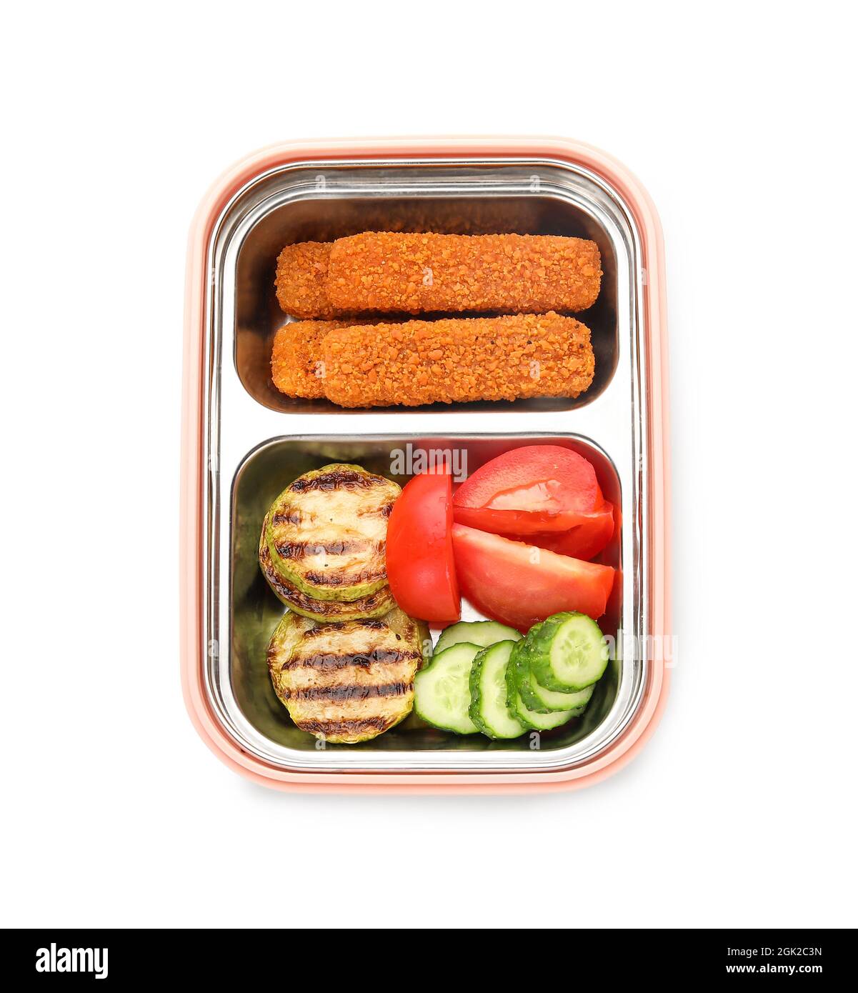 Container with fish fingers and sliced vegetables on white background Stock Photo Alamy