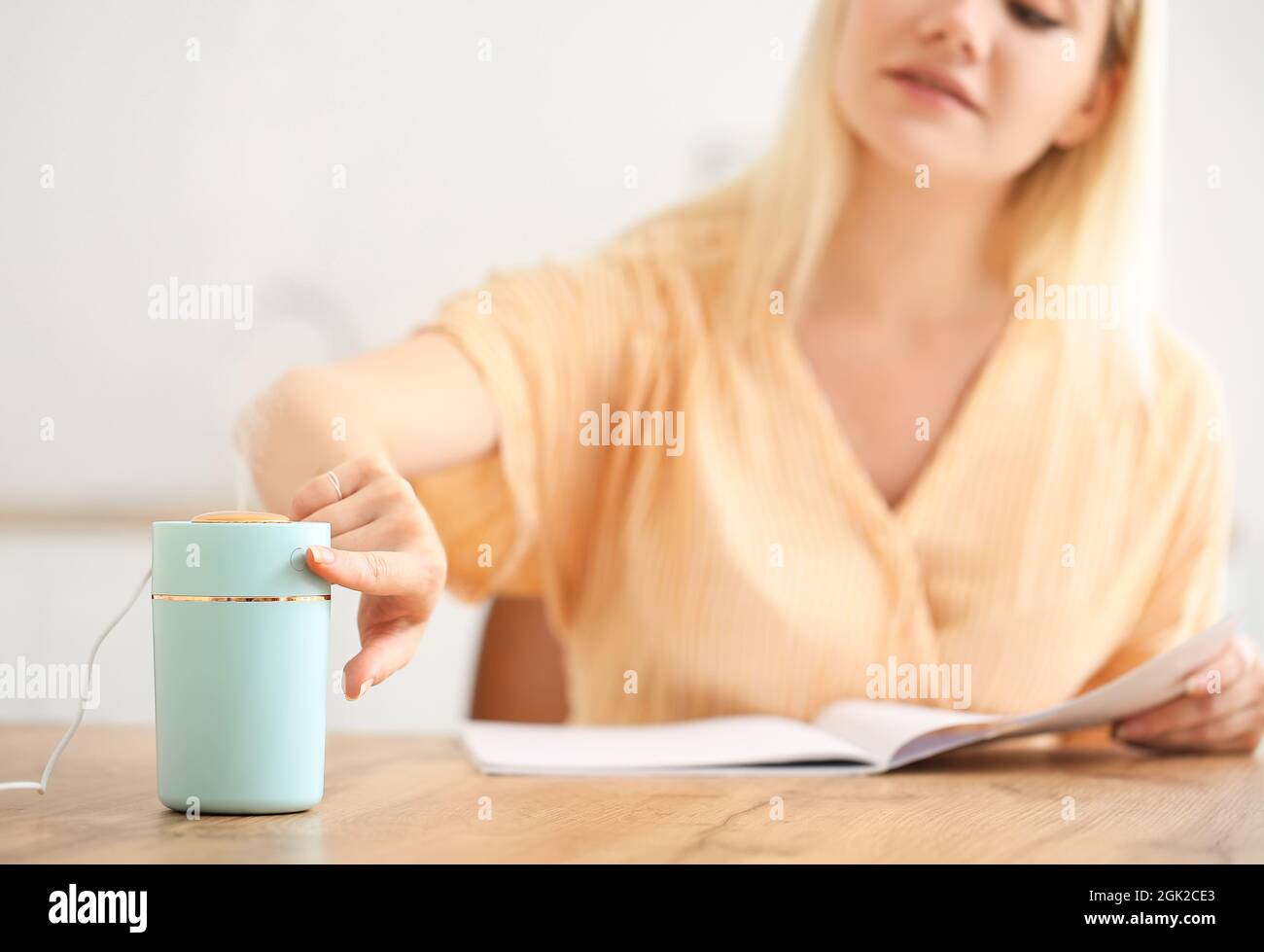 https://c8.alamy.com/comp/2GK2CE3/woman-with-modern-humidifier-sitting-at-table-in-kitchen-2GK2CE3.jpg