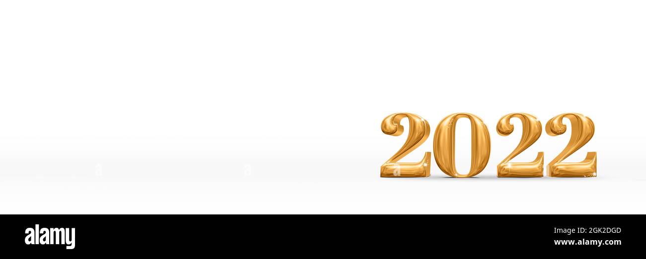 2022 happy new year golden number (3d rendering) on white studio room,Holiday card,Leave space for adding text. Stock Photo