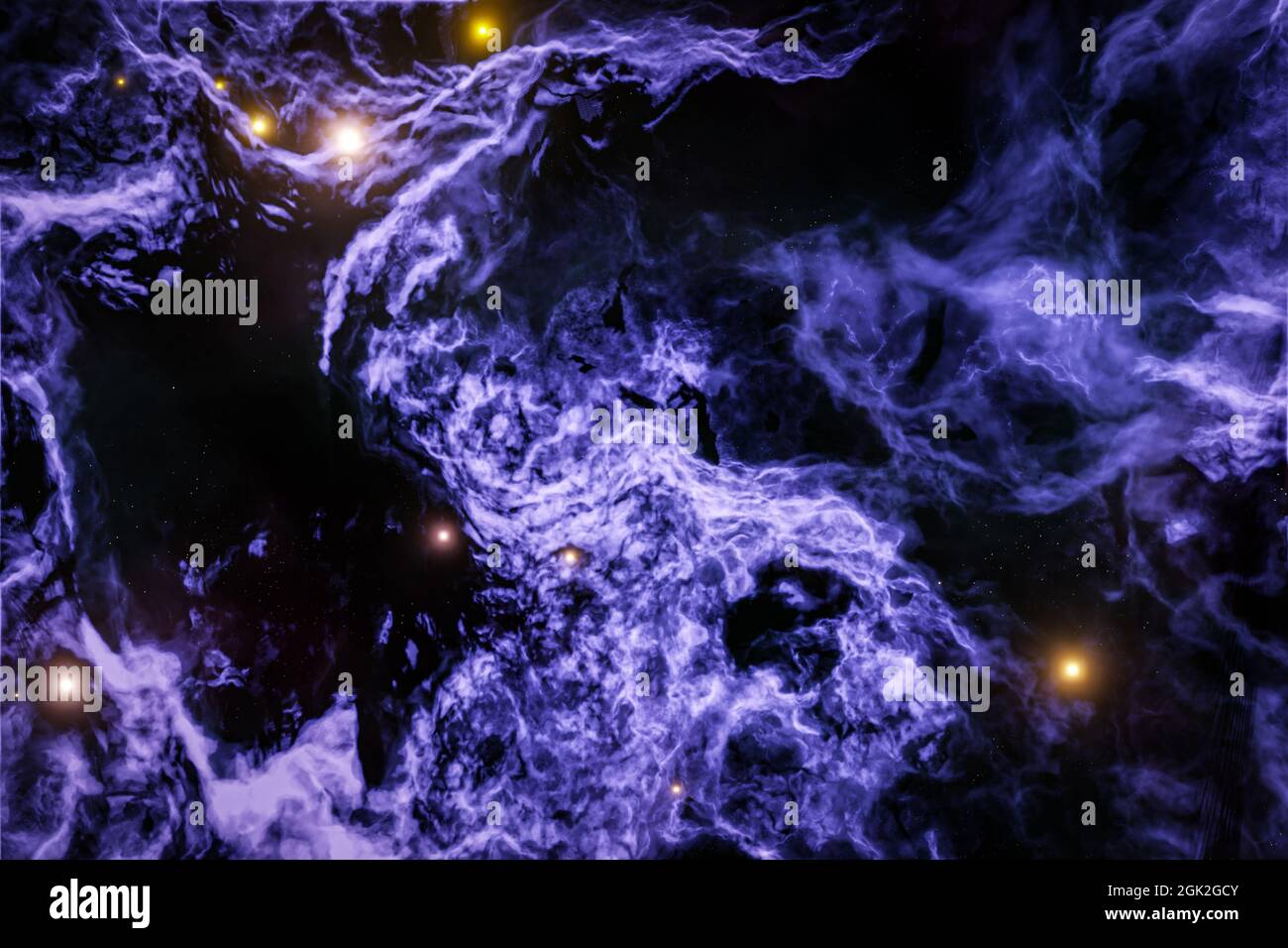 3d illustration of realistic purple cosmic sky with stars. A raging sea ...