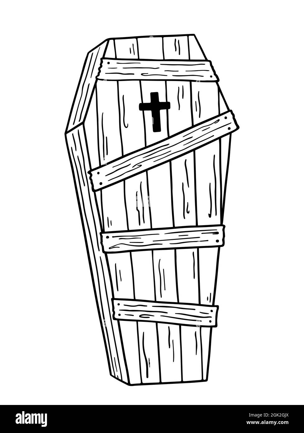 Wooden boarded up coffin with a cross isolated on white background. Hand-drawn vector illustration in doodle style. Perfect for Halloween designs, cards, logo Stock Vector