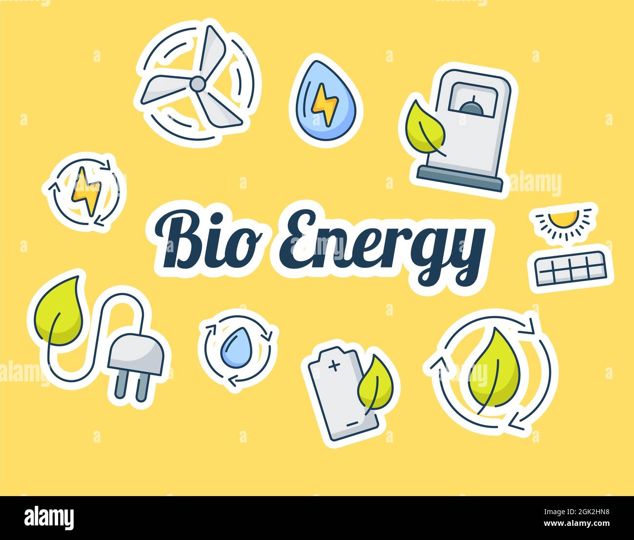 bio energy lettering around icons package yellow isolated background ...