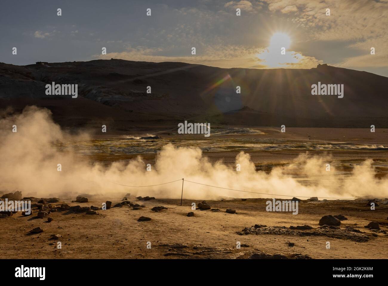 Hverir geothermal mud springs in Iceland close to lake Myvatn. View of ...