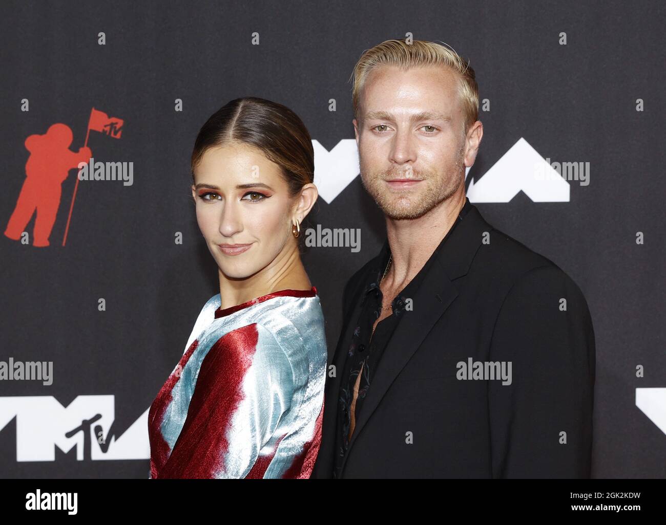 New York, United States. 13th Sep, 2021. Dani Vitale and Scott Myrick  arrive on the red carpet at the 38th annual MTV Video Music Awards at  Barclays Center in New York City