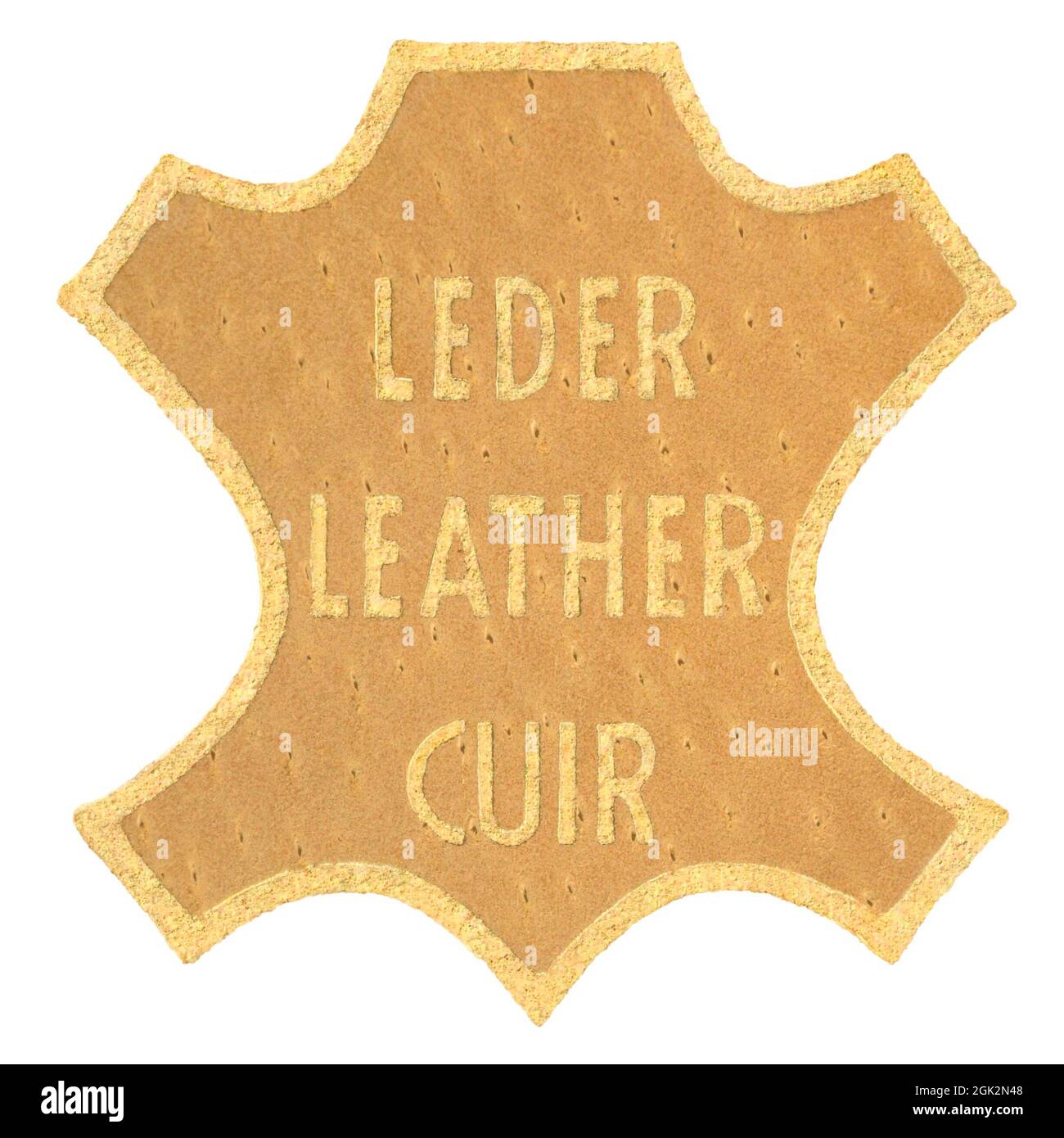 Ren majs Tilbagetrækning Genuine all natural leather badge label tag, multilingual isolated English  French (FR cuir), German (DE Leder) golden printed text icon macro closeup  Stock Photo - Alamy
