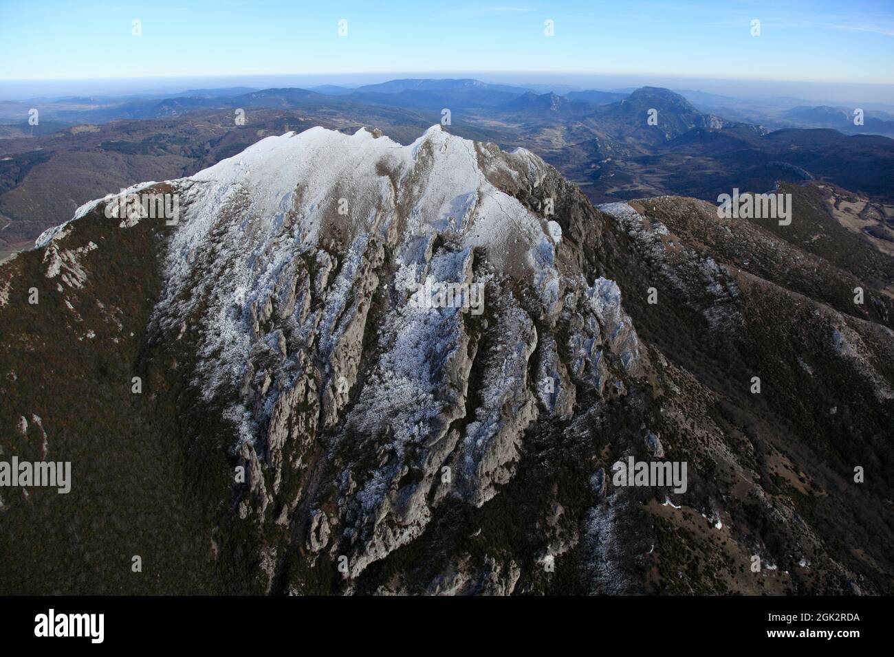 FRANCE. AUDE (11) PIC DE BUGARACH OR PECH DE BUGARACH (1230 M) IS THE HIGHEST POINT OF THE CORBIERES (1231M). MANY TESTIMONIES (SOME VERY OLD) REPORTE Stock Photo