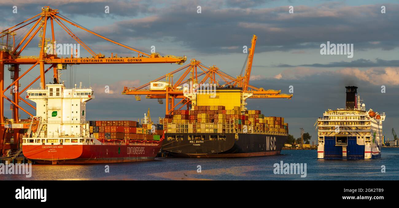 Baltic Container Terminal Gdynia in the light of the setting sun Stock ...