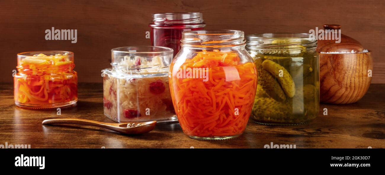 Fermented, Probiotic Food Rustic Panorama. Canned Vegetables. Pickled ...