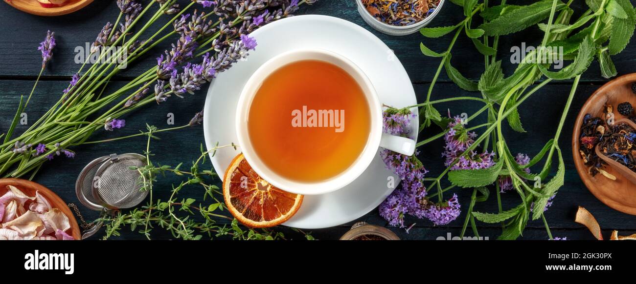 Tea panorama with herbs, flowers and fruit, shot from the top on a dark rustic wooden background Stock Photo