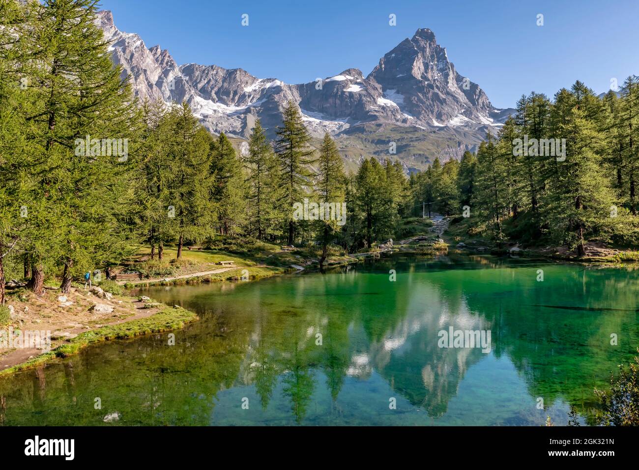 Beautiful view of Lago Blu or Layet lake, Aosta Valley, Italy, in which the Matterhorn is reflected Stock Photo