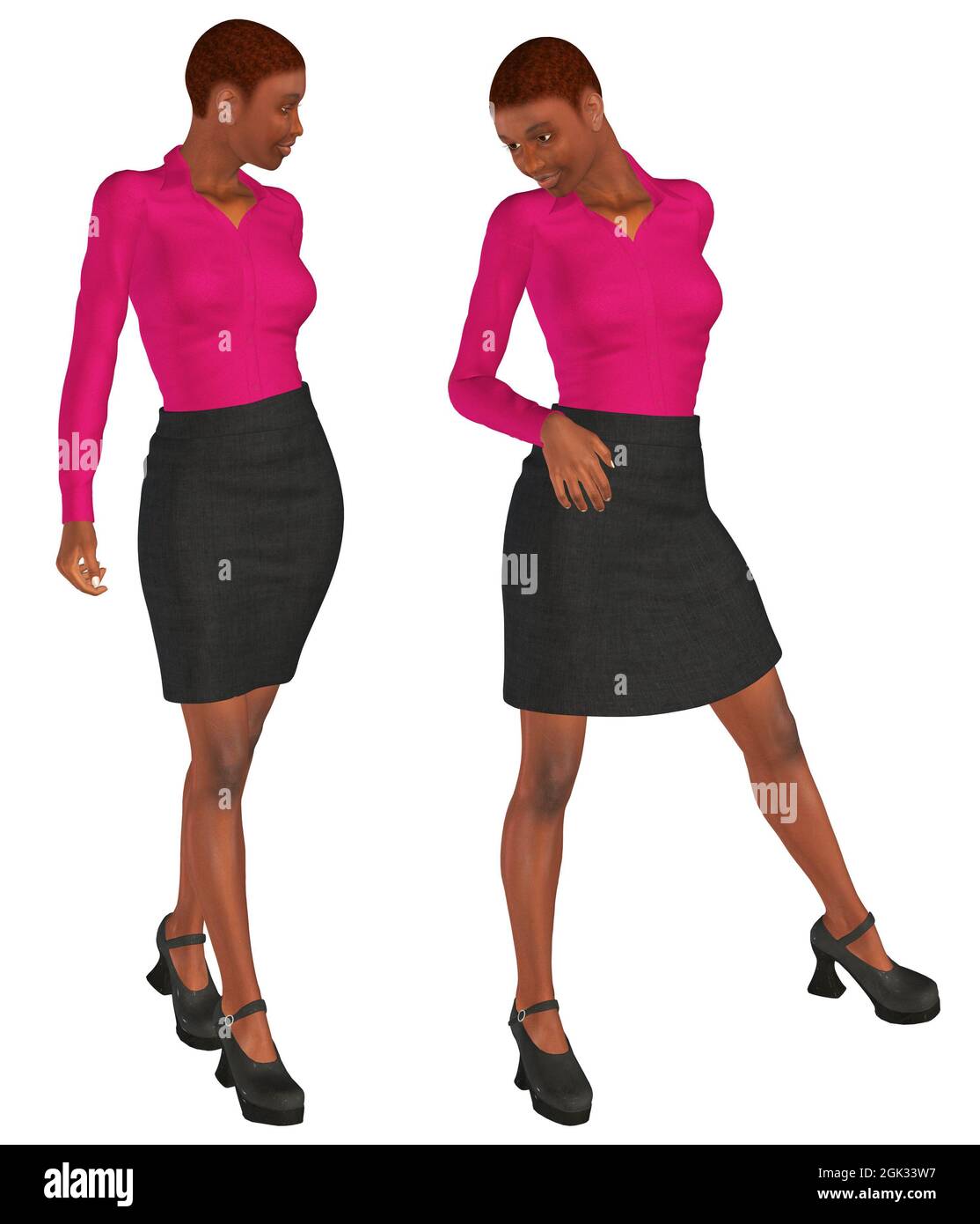 Digital rendered black woman wears pink blouse and dark skirt, 3d