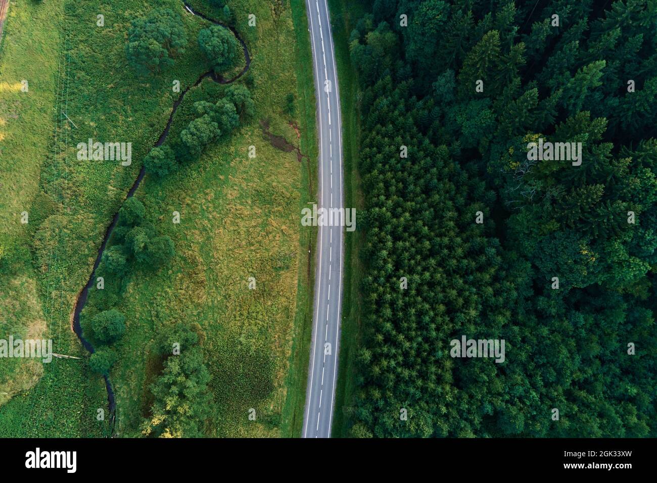 Cars moving on countryside road through mountains covered with pine tree forest, aerial view. Car trip at summer vacation Stock Photo