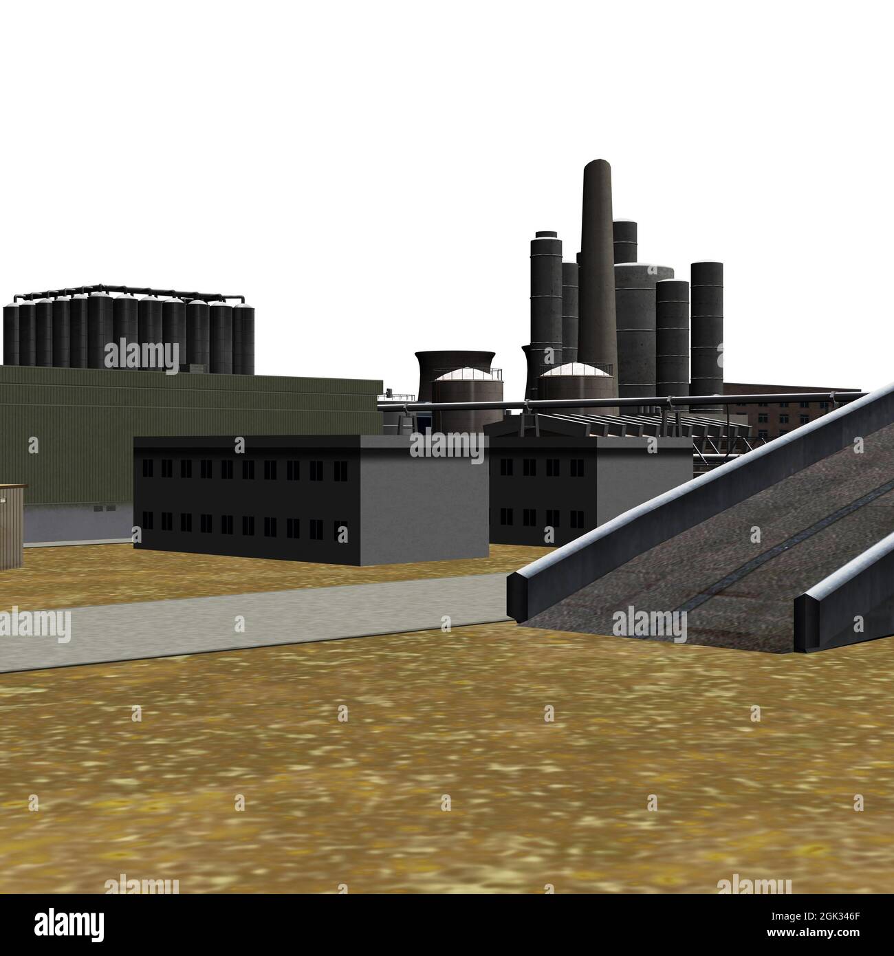 Digitally rendered 3D industrial zone buildings illustration Stock