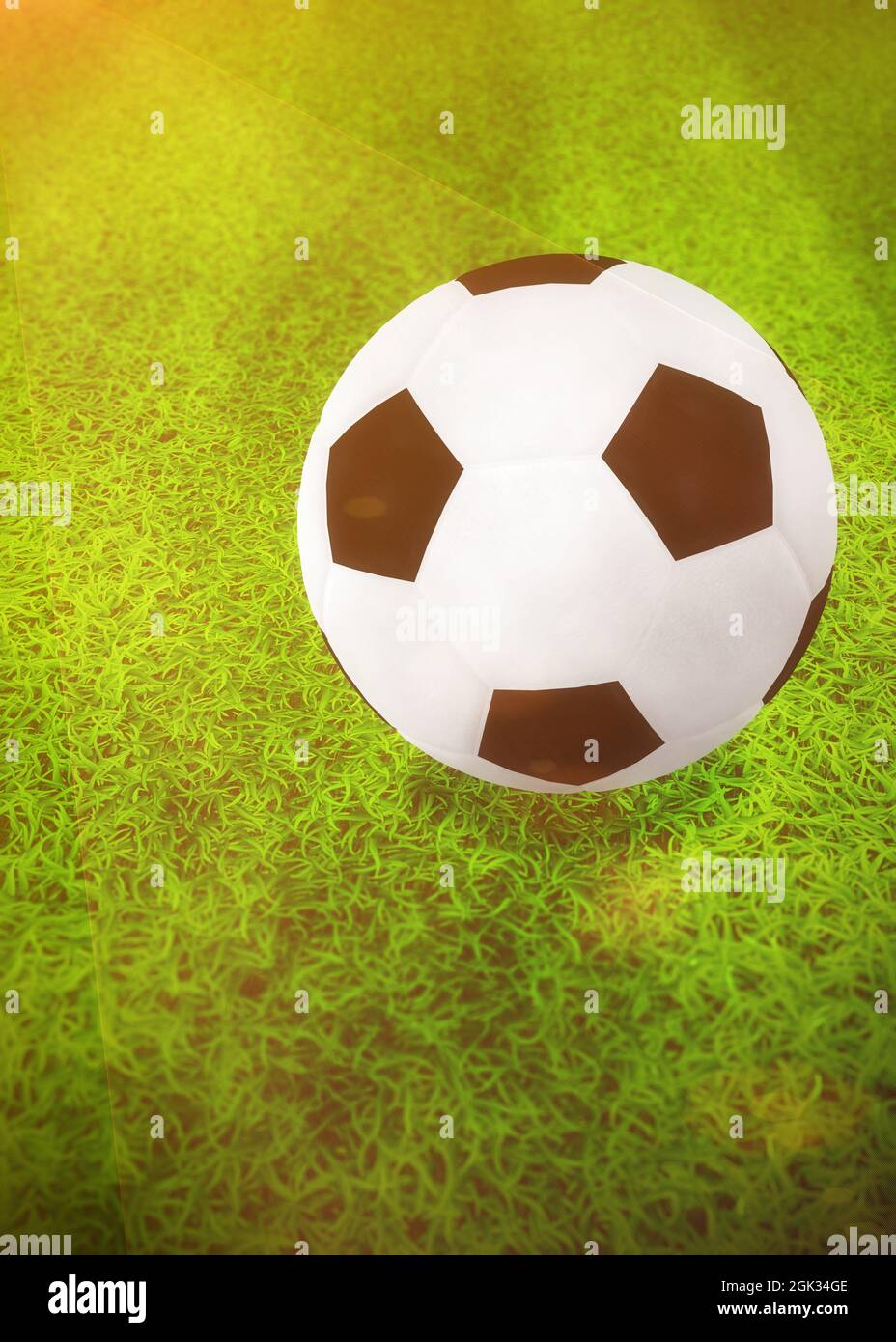 Digitally rendered soccer or football ball lying on the green grass, 3d ...