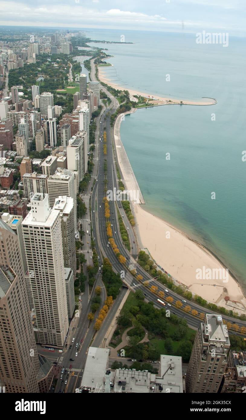 Chicago Skyline and beaches on Lake Michigan, as seen from the John Hancock Center, Chicago, Illinois, USA Stock Photo