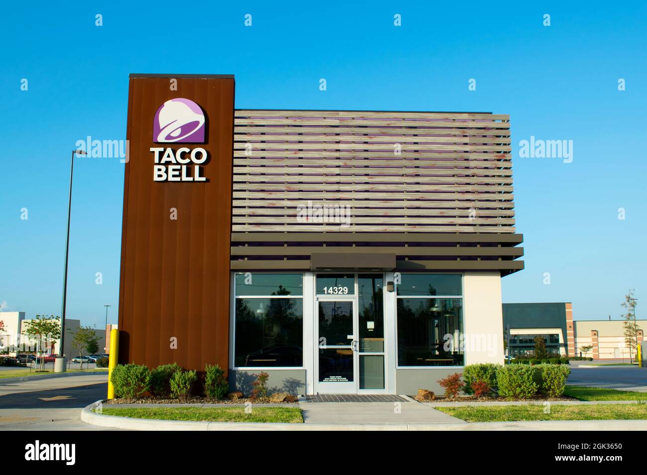 Humble, Texas USA 08-22-2019: A Taco Bell store in Humble, TX. This chain was founded in California 1962. Stock Photo