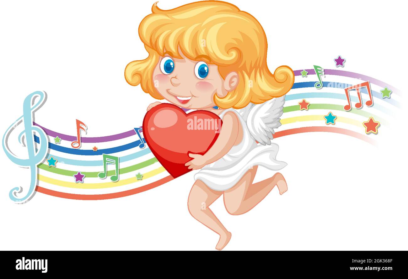 Cupid angel character with melody symbols on rainbow illustration Stock ...