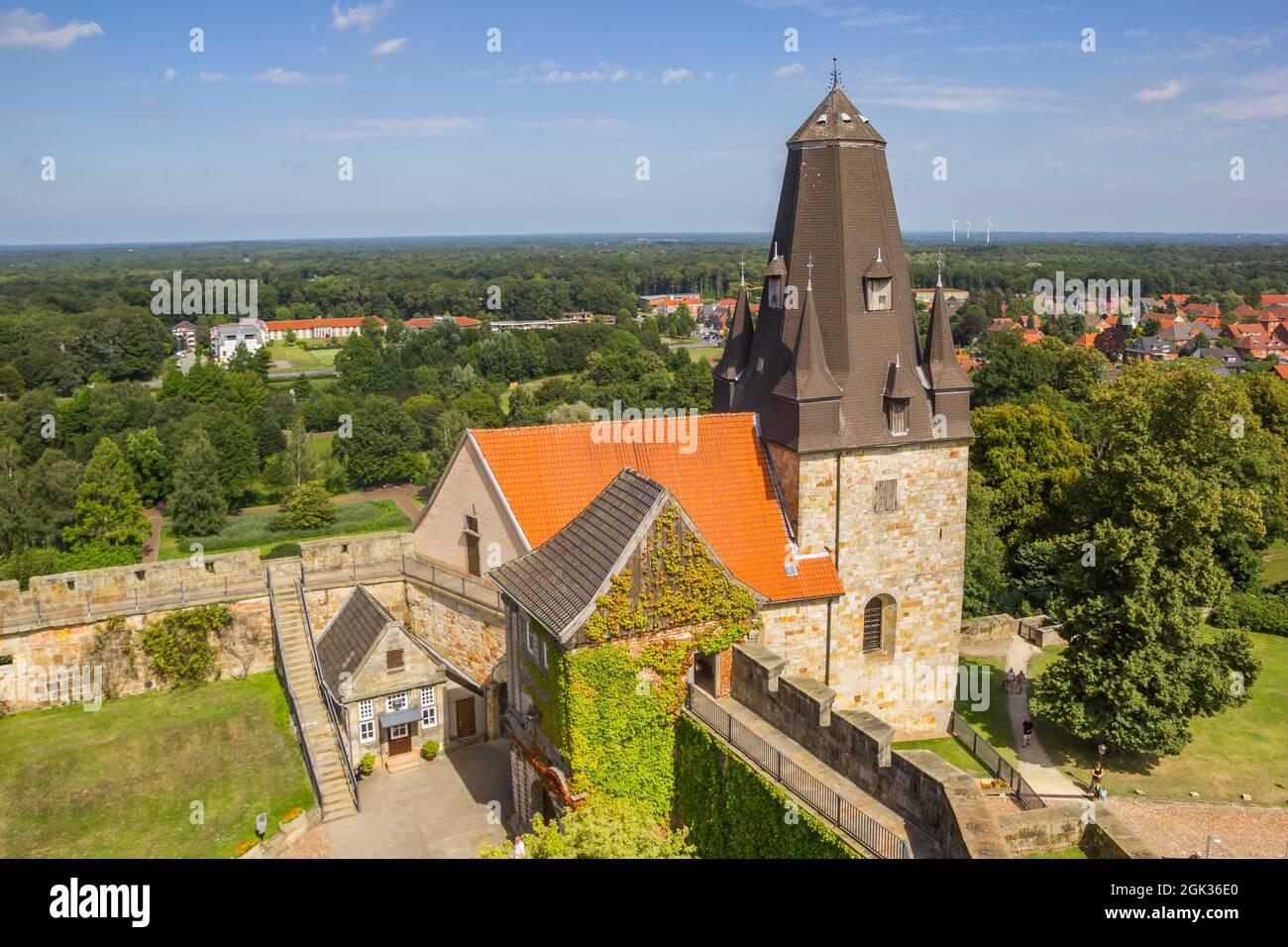 Aerial view of the entrance tower of the castle in Bad Bentheim Stock Photo