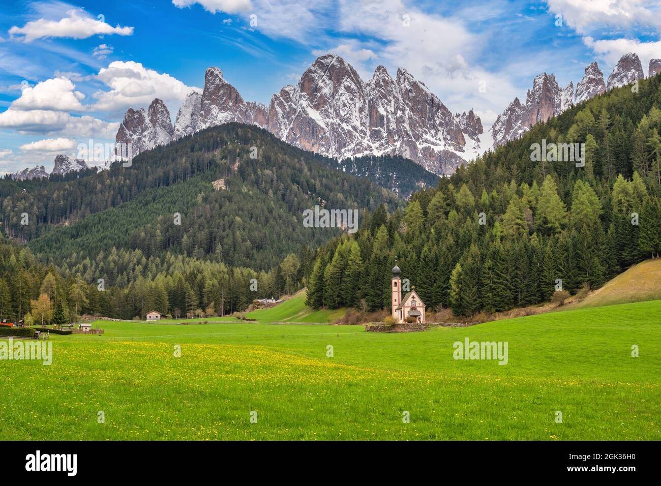 Dolomites Alp mountain landscape at Santa Maddalena village in spring
