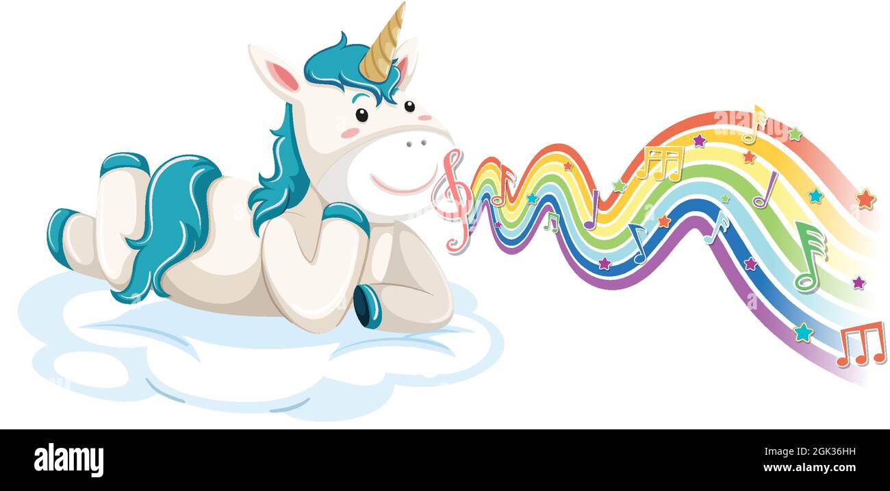 Unicorn laying on the cloud with melody symbols on rainbow wave ...