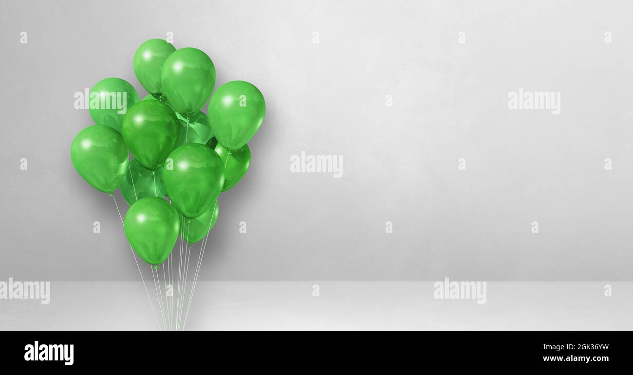Green balloons bunch on a white wall background. Horizontal banner. 3D ...