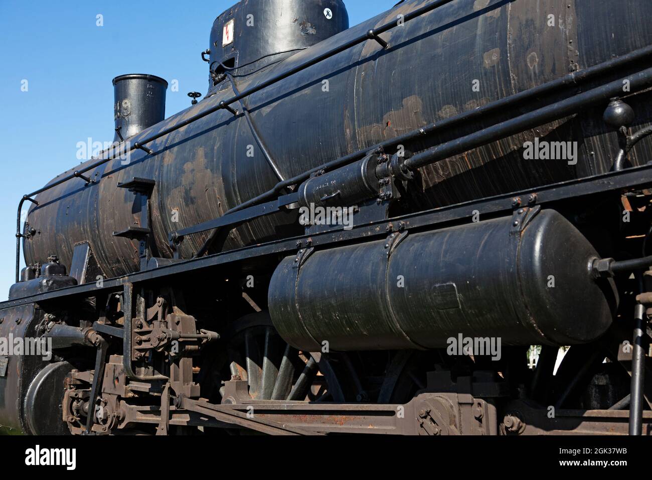Vannas, Norrland Sweden - August 13, 2021: part of an old black steam locomotive Stock Photo