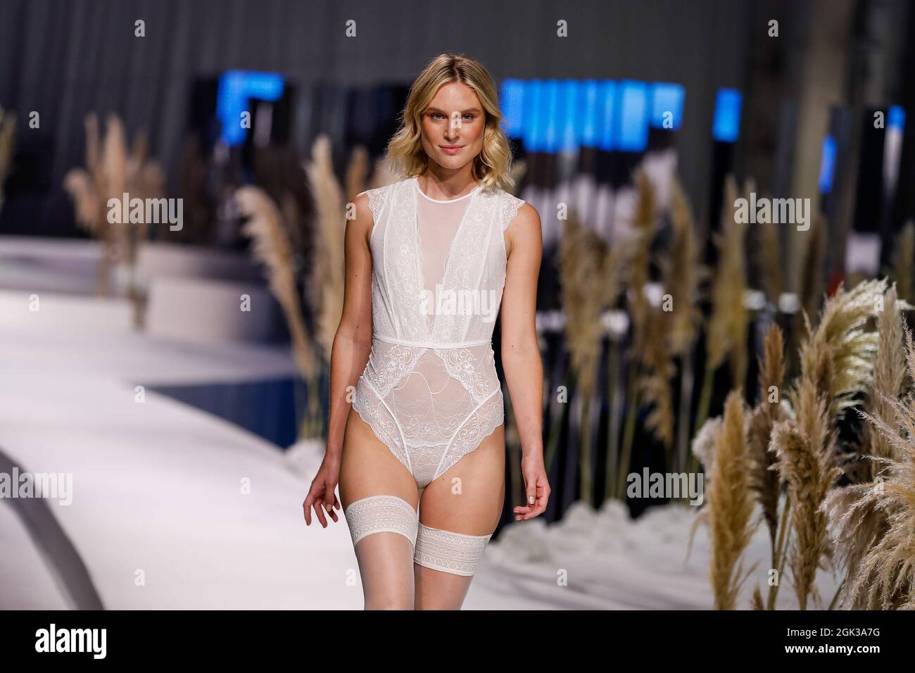 Berlin, Germany. 12th Sep, 2021. Kim Hnizdo walks in the Lascana show at  Kraftwerk. The About You, or Re-Fashion Week, is part of the Berlin Fashion  Week since 2021. About You Fashion