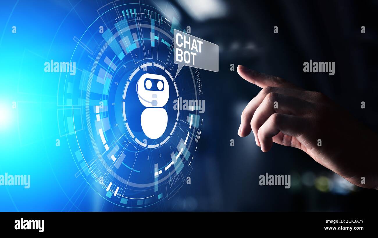 Chatbot computer program designed for conversation with human users over the Internet. Support and customer service automation technology concept. Stock Photo