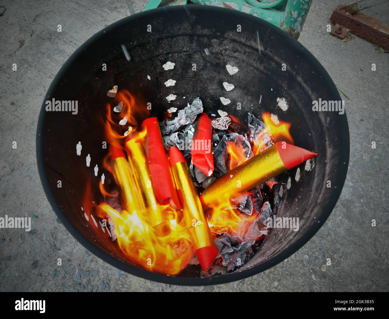 The tradition of burning gold paper, paper money, Chinese beliefs in Thailand, Asian culture Stock Photo