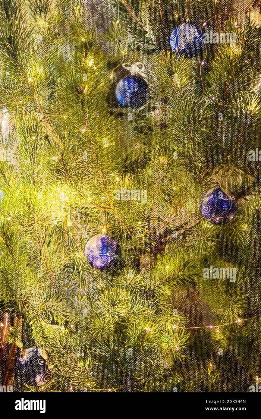 Christmas tree with blue balloons and yellow garland. Merry Chri Stock ...