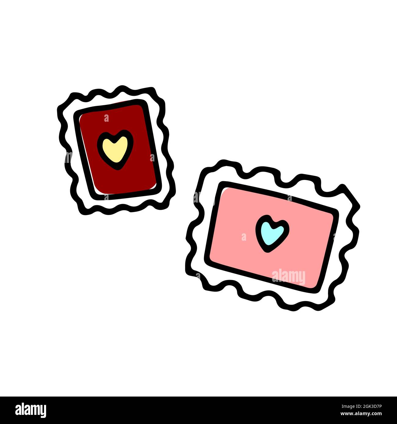 Doodle Postage Stamp with heart. Hand-drawn outline letter isolated on