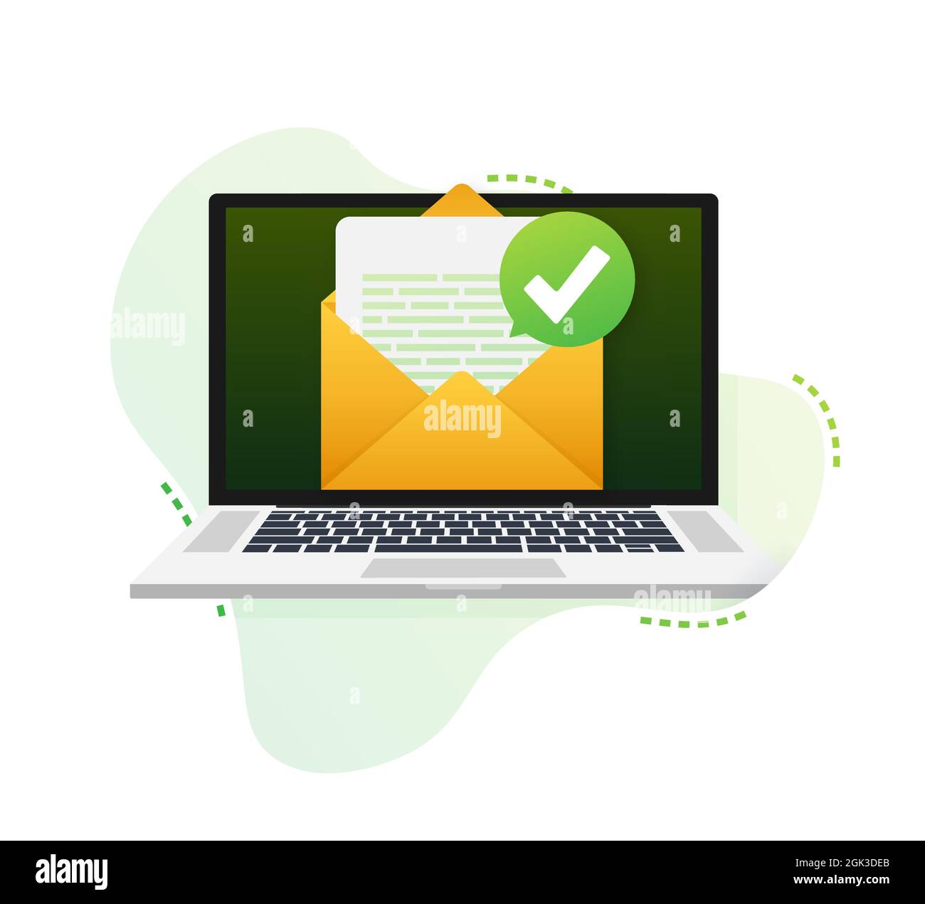 Opened envelope and document with green check mark. Verification email. Vector illustration. Stock Vector
